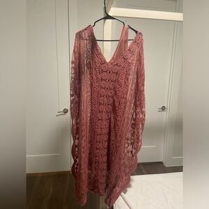 2 Piece Indigo Blue Lace Kaftan Dress in Dusty Rose